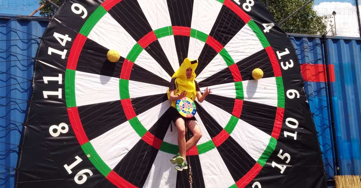 Prague : Giant Foot Darts and Giant Beer Pong Game - Giant Foot Darts: The Bachelor Prank and Soft-Ball Targeting
